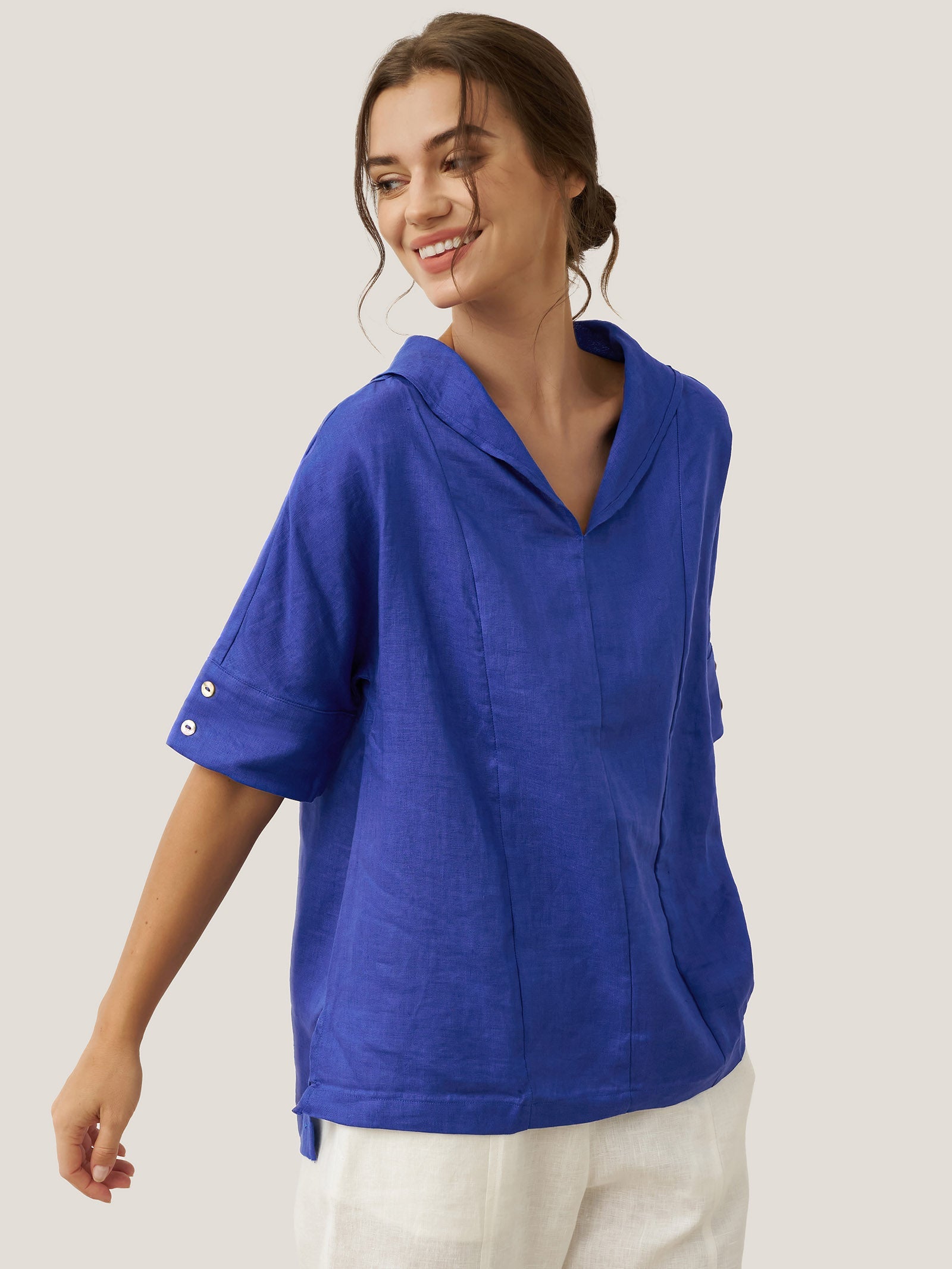 Linen V Neck Short Sleeve Shirt PENNY
