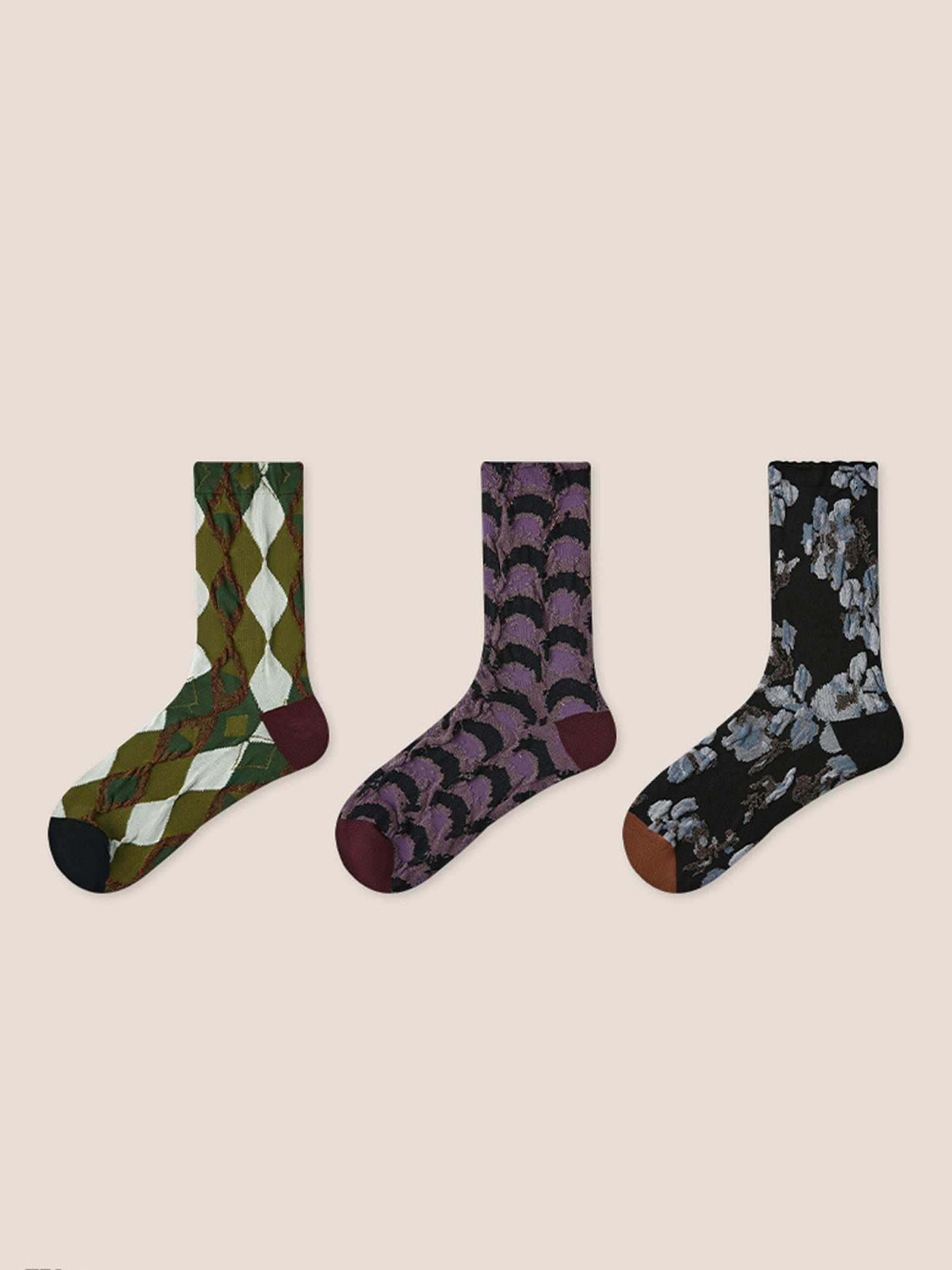 Long-Staple Cotton 3-Pair Floral Embossed Slouch Mid-Calf Sock Set