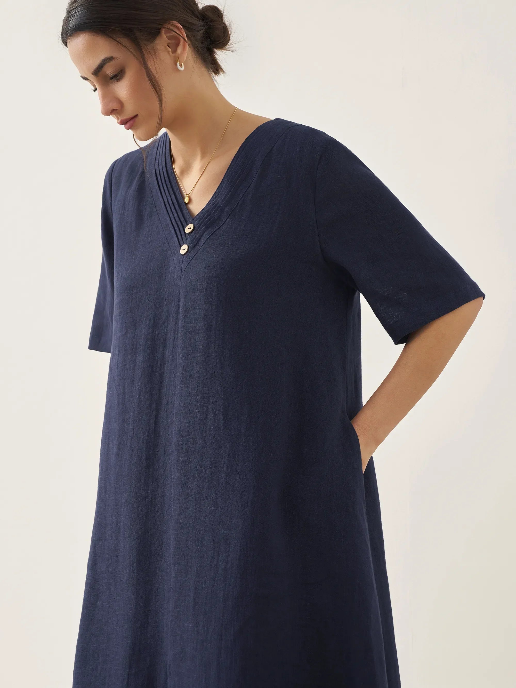100% Linen V-Neck Double-Layer Midi Dress JAYDA