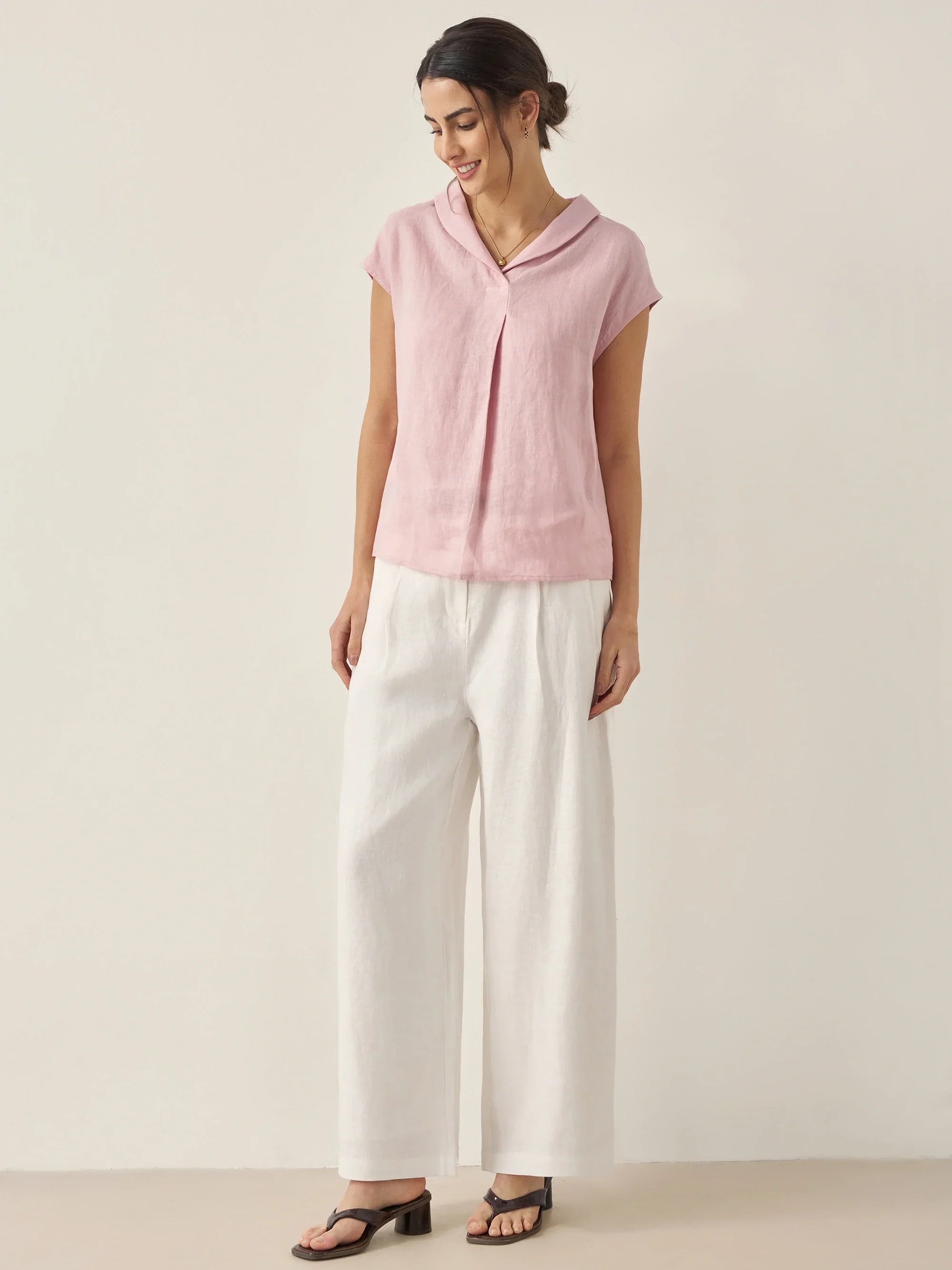 100% Linen Shawl V-Neck Cap Sleeves Top ELARA