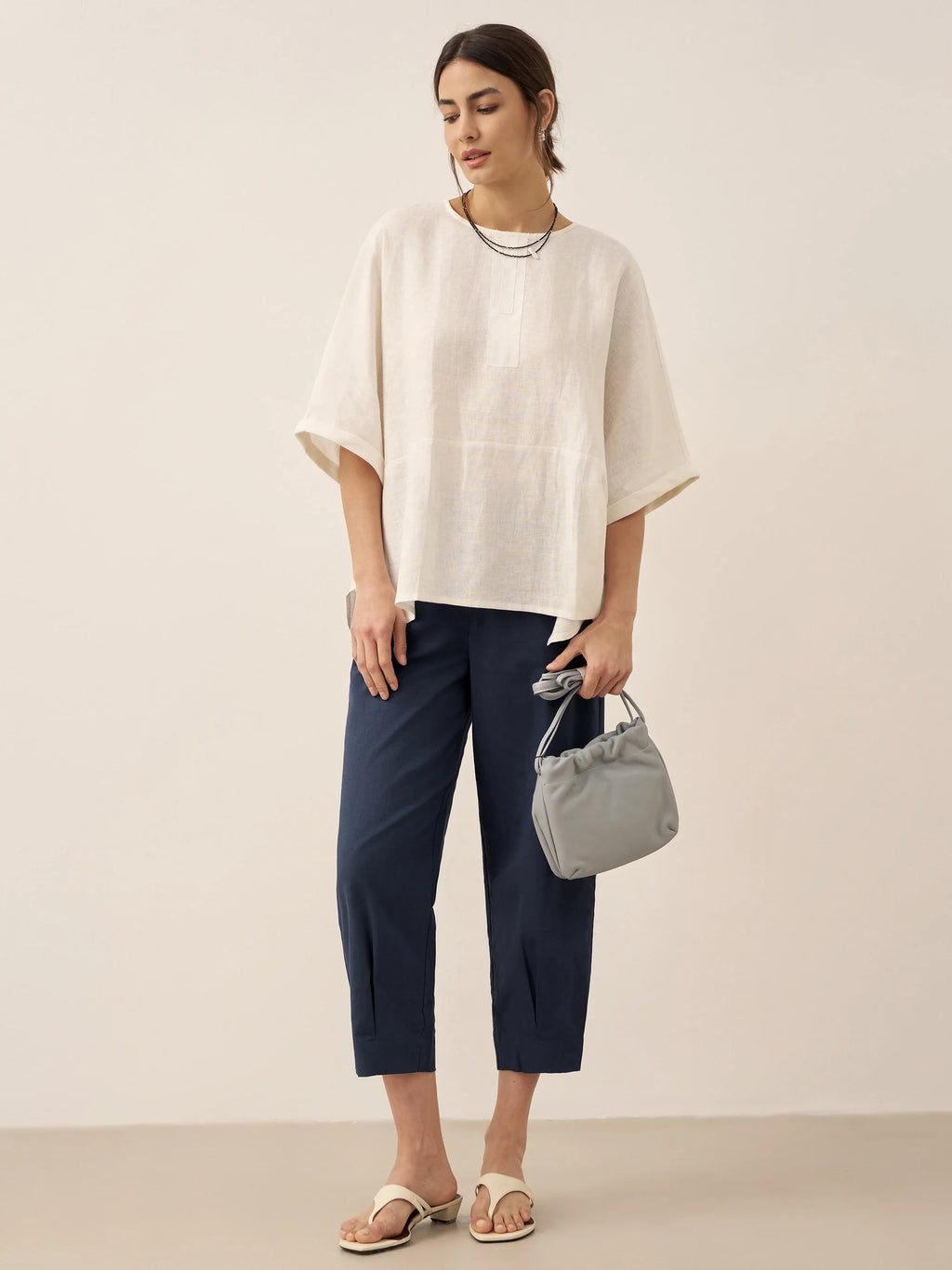 100% Linen Round Neck Mid-Sleeve Top ROBYN