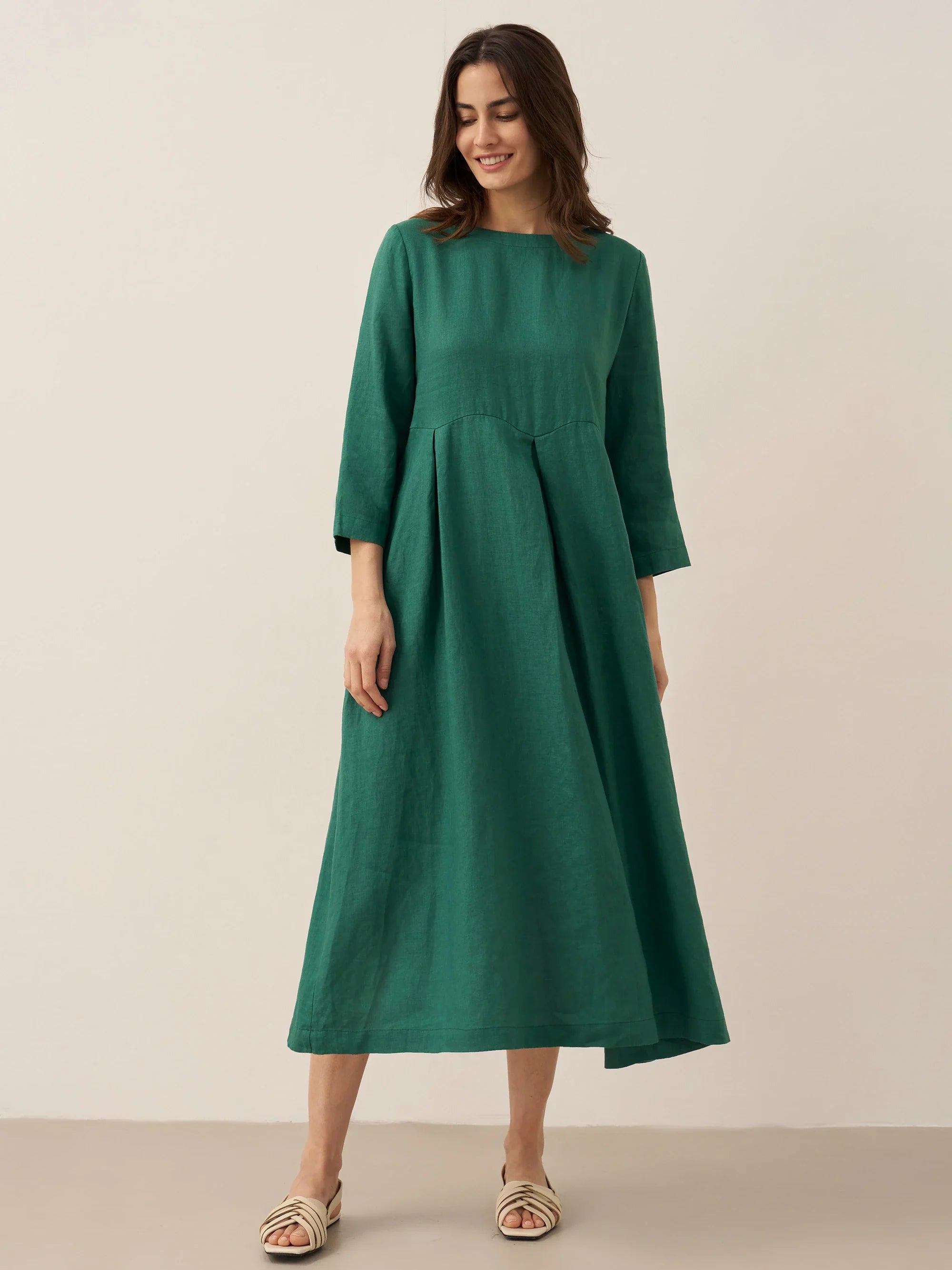 100% Linen Bateau Neck Pleated Maxi Dress