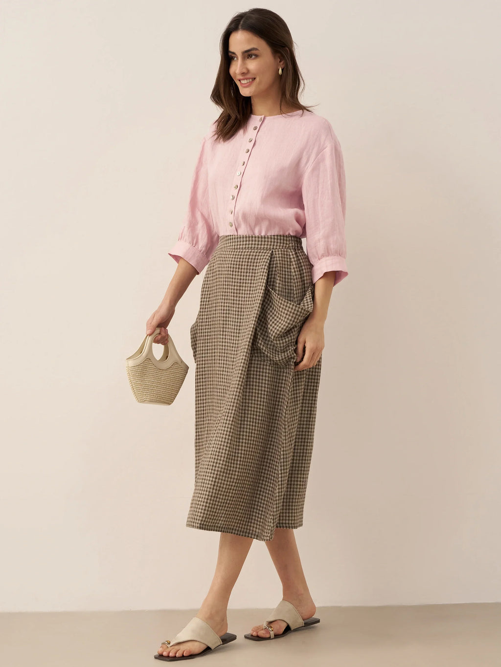 Linen Checked Elastic Waist Skirt ONYX