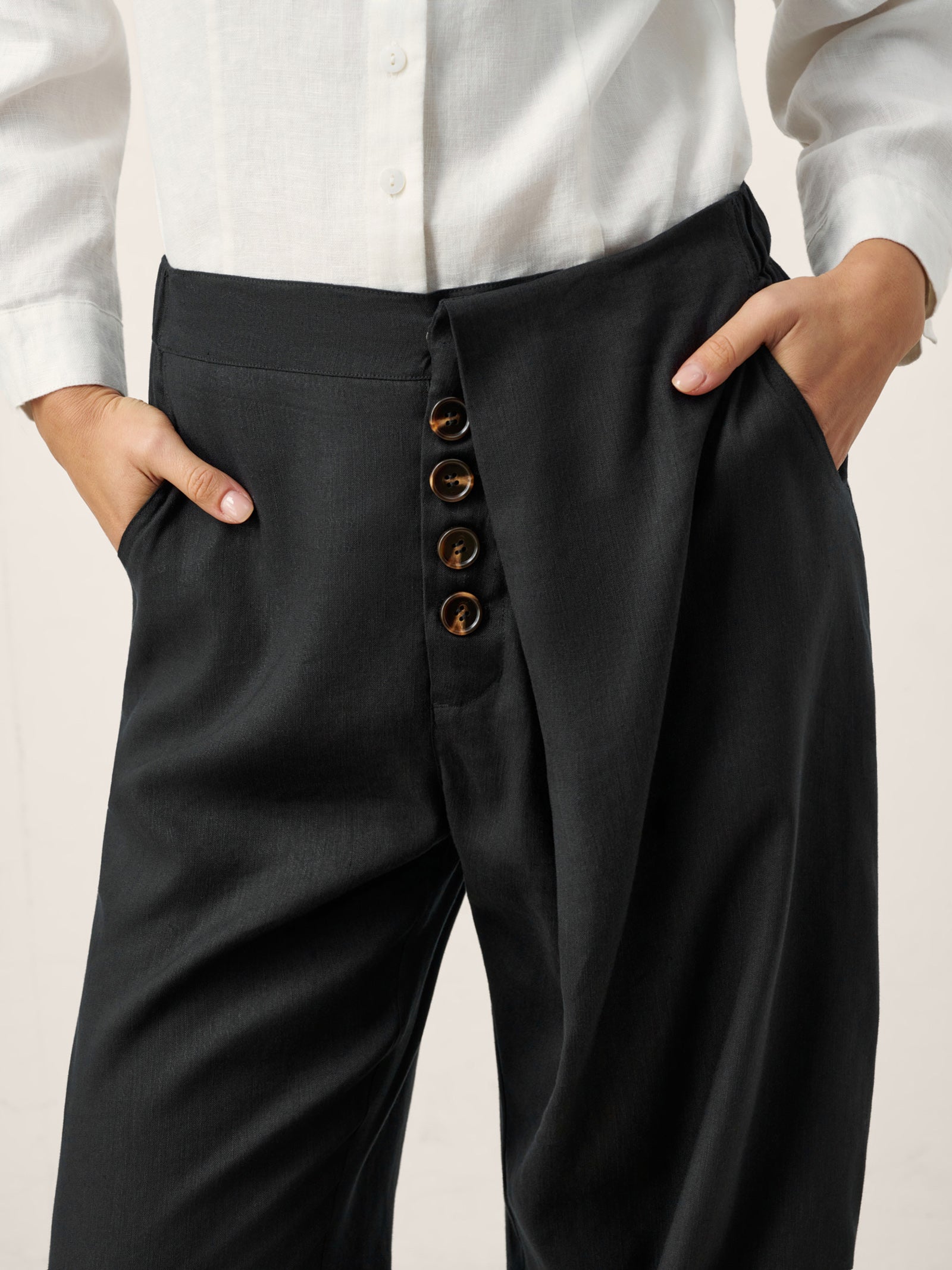 Linen-Lyocell Asymmetric Placket Straight Pants SAFFRON