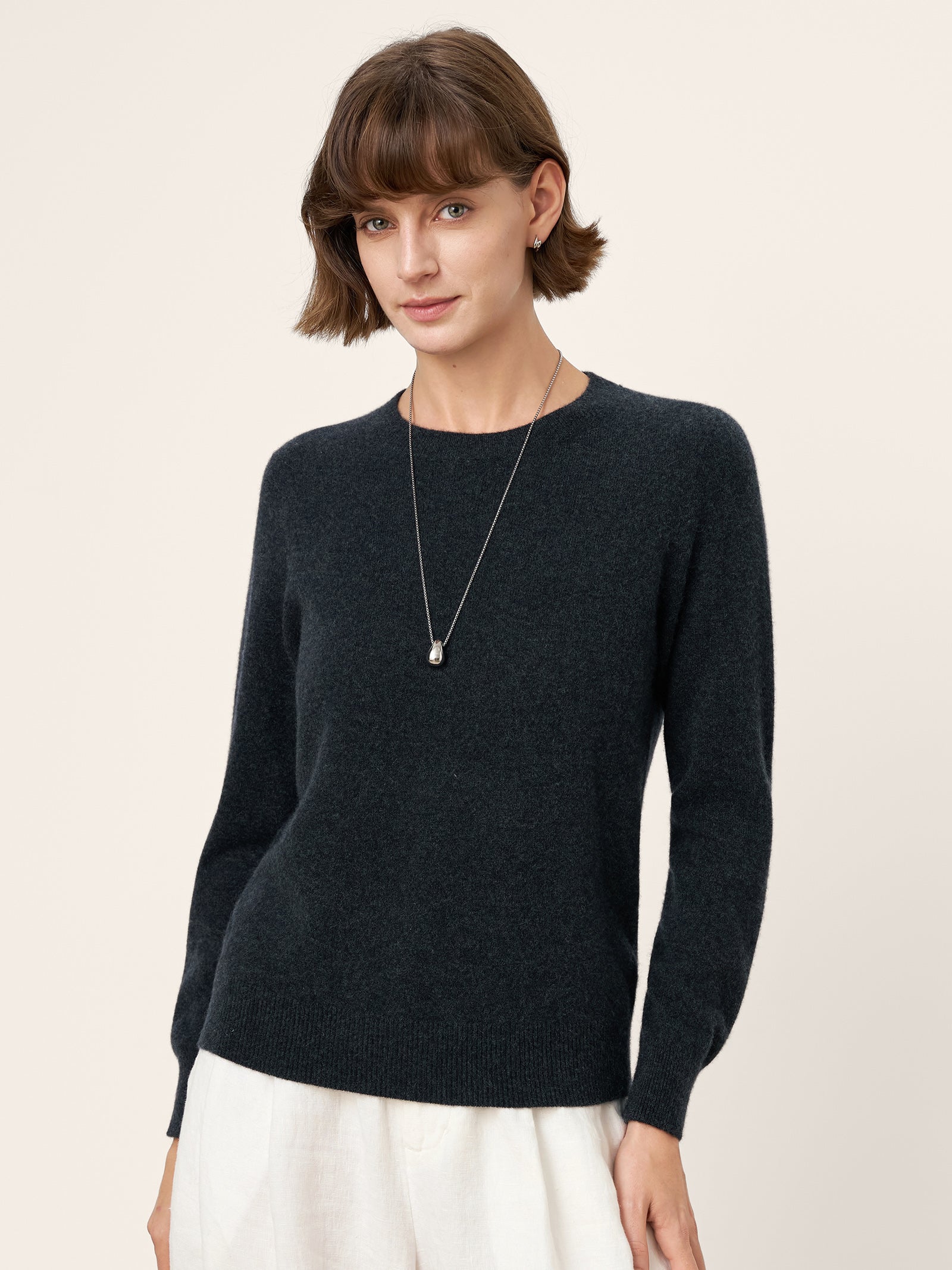 100% Mongolian Cashmere Seamless Ribbed Trims Crewneck Sweater TAWNY