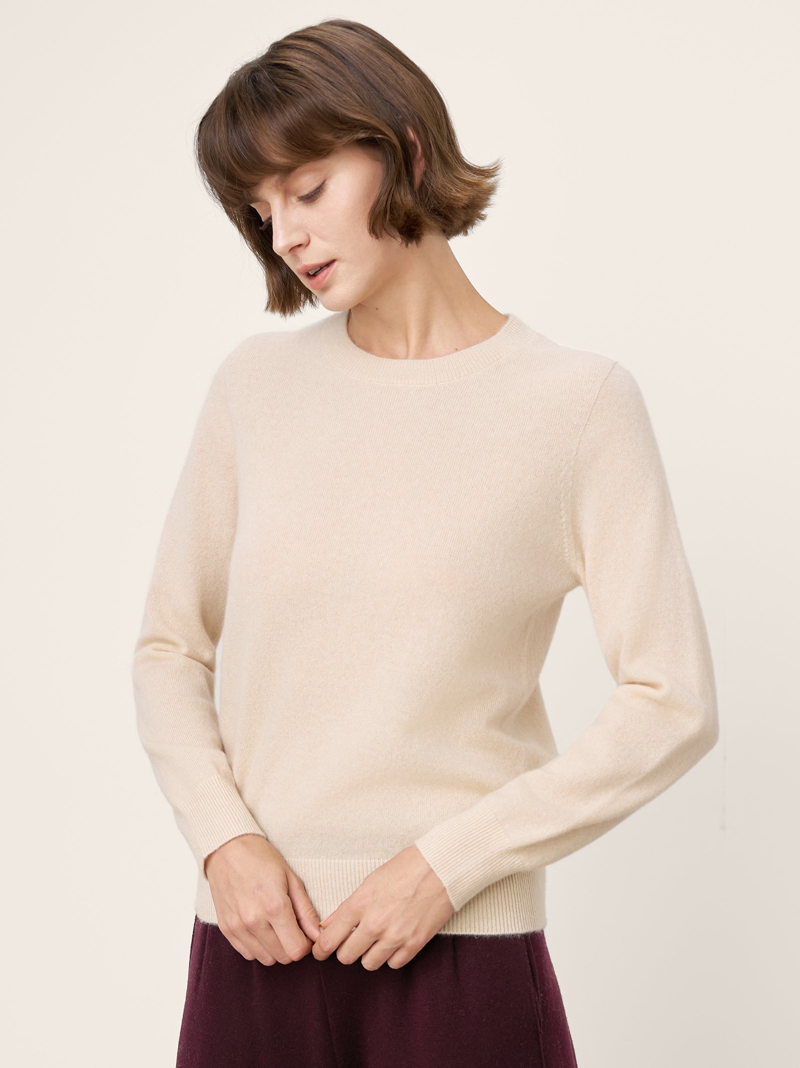 100% Mongolian Cashmere Seamless Ribbed Trims Crewneck Sweater TAWNY