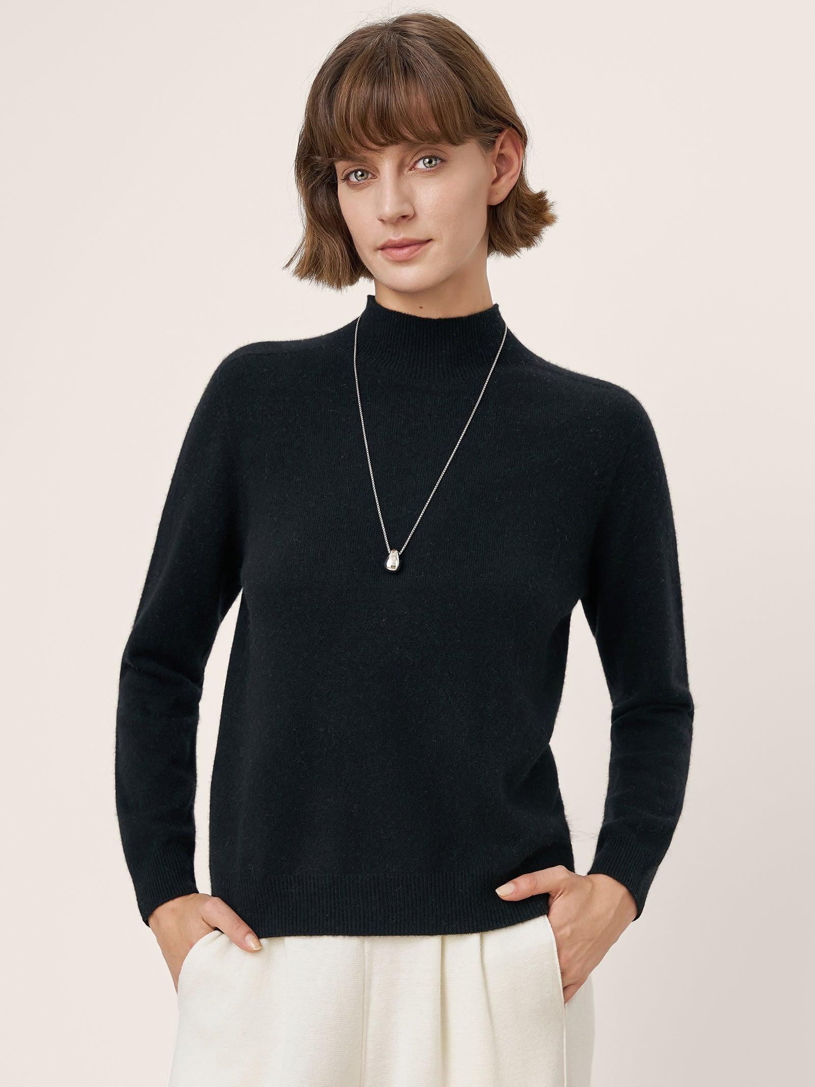 Premium Cashmere Blend Hand-Finished Seamless Mock Neck Ribbed Sweater RHEA