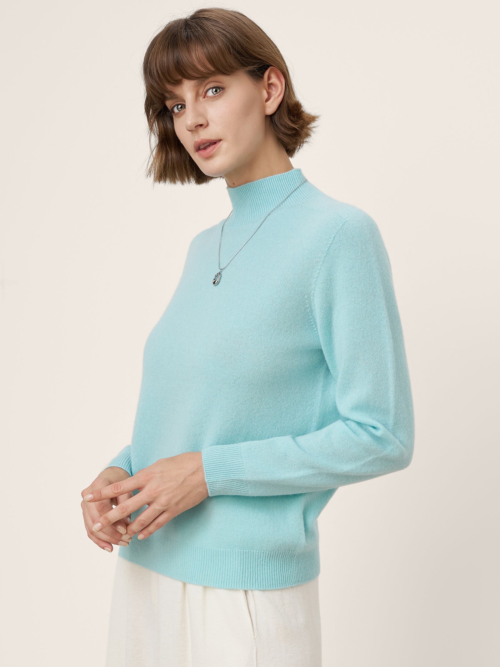 Premium Cashmere Blend Hand-Finished Seamless Mock Neck Ribbed Sweater RHEA
