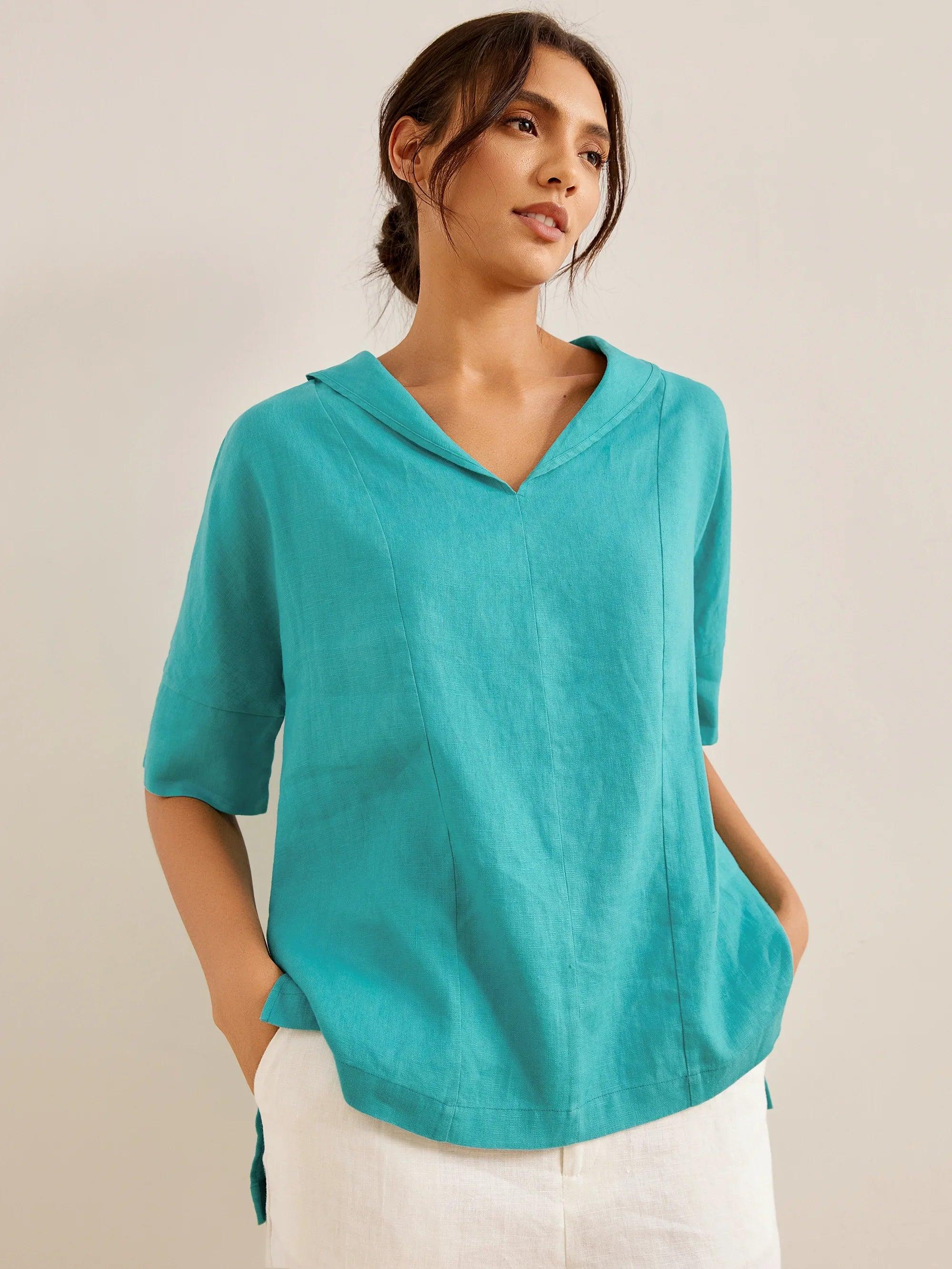 Linen V Neck Short Sleeve Shirt PENNY