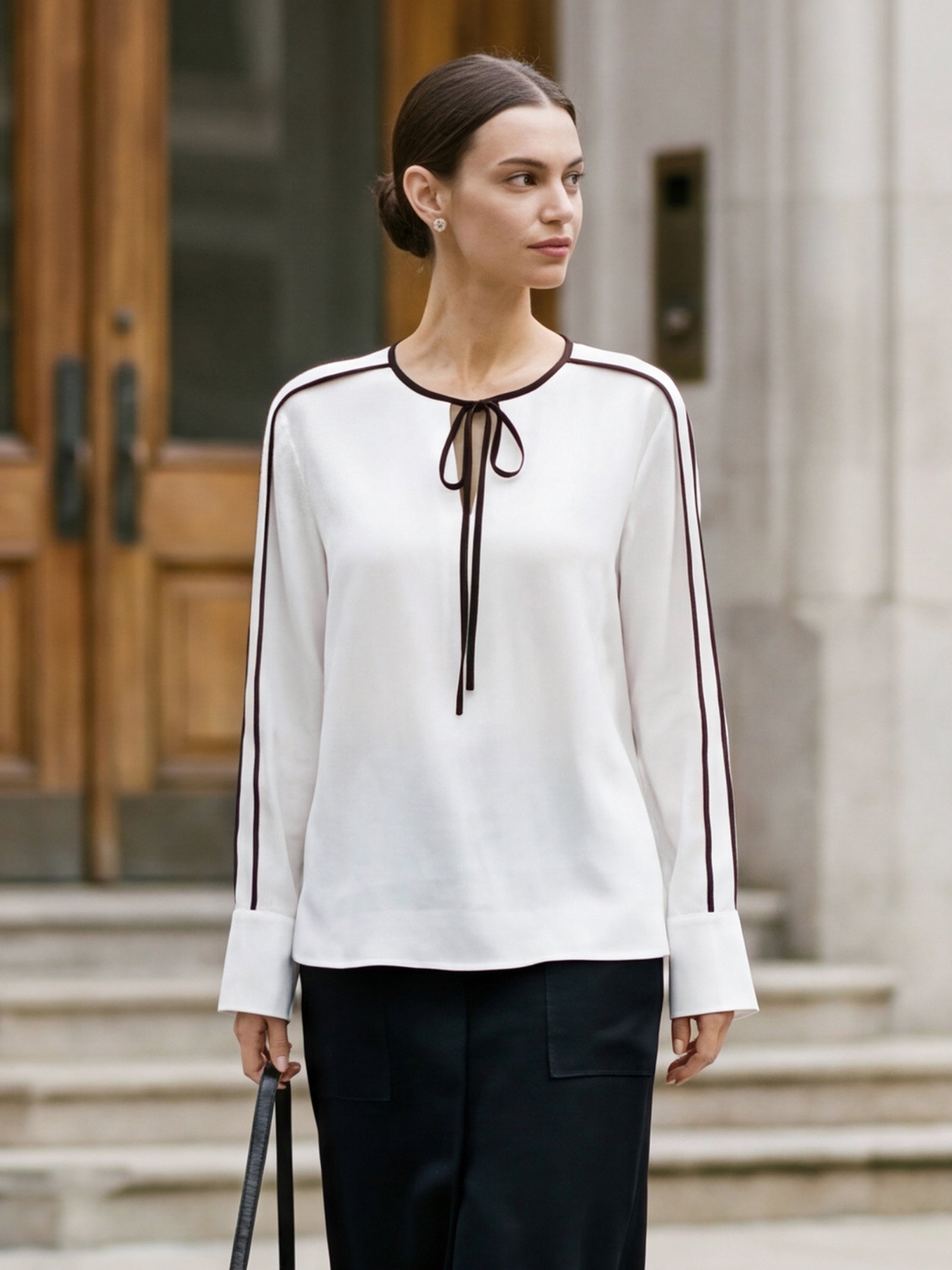 Linen-Lyocell Contrast Trim Tie-Neck Overtop VERA
