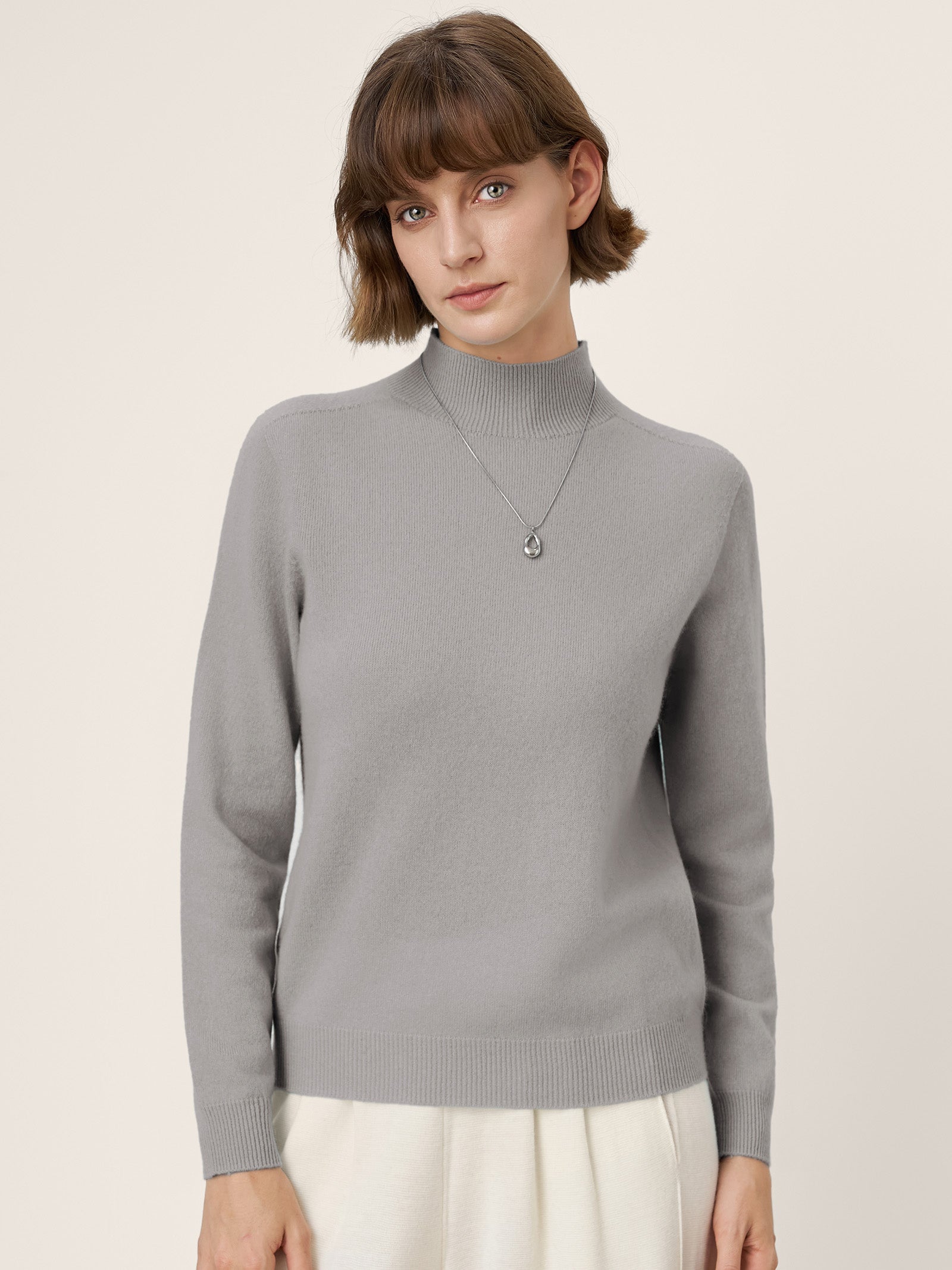 Premium Cashmere Blend Hand-Finished Seamless Mock Neck Ribbed Sweater RHEA