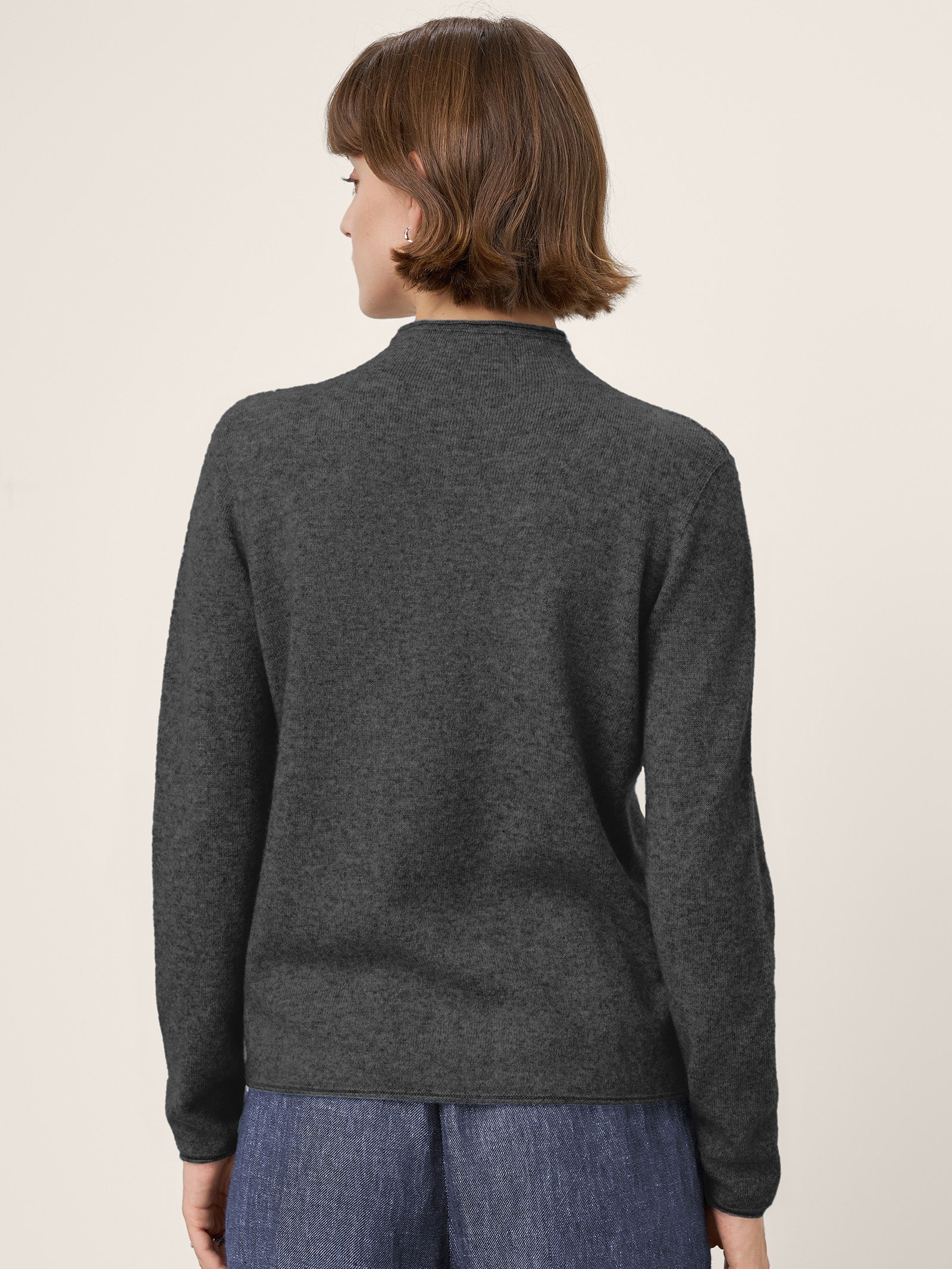 Premium Cashmere Blend Hand-Finished Seamless Mock Neck Lettuce Edge Sweater ZELIE