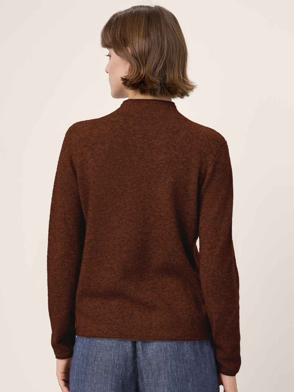 Premium Cashmere Blend Hand-Finished Seamless Mock Neck Lettuce Edge Sweater ZELIE