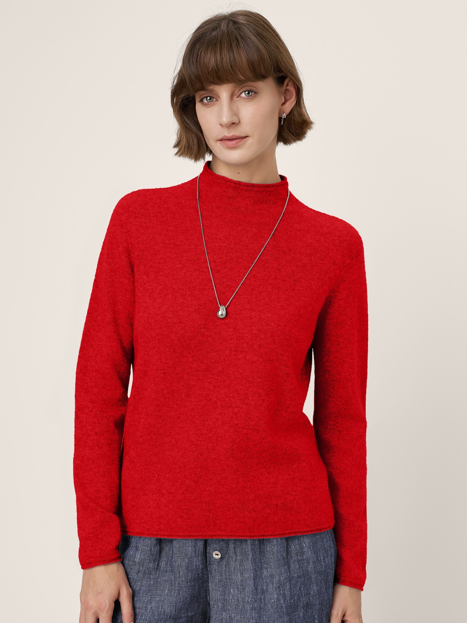 Premium Cashmere Blend Hand-Finished Seamless Mock Neck Lettuce Edge Sweater ZELIE