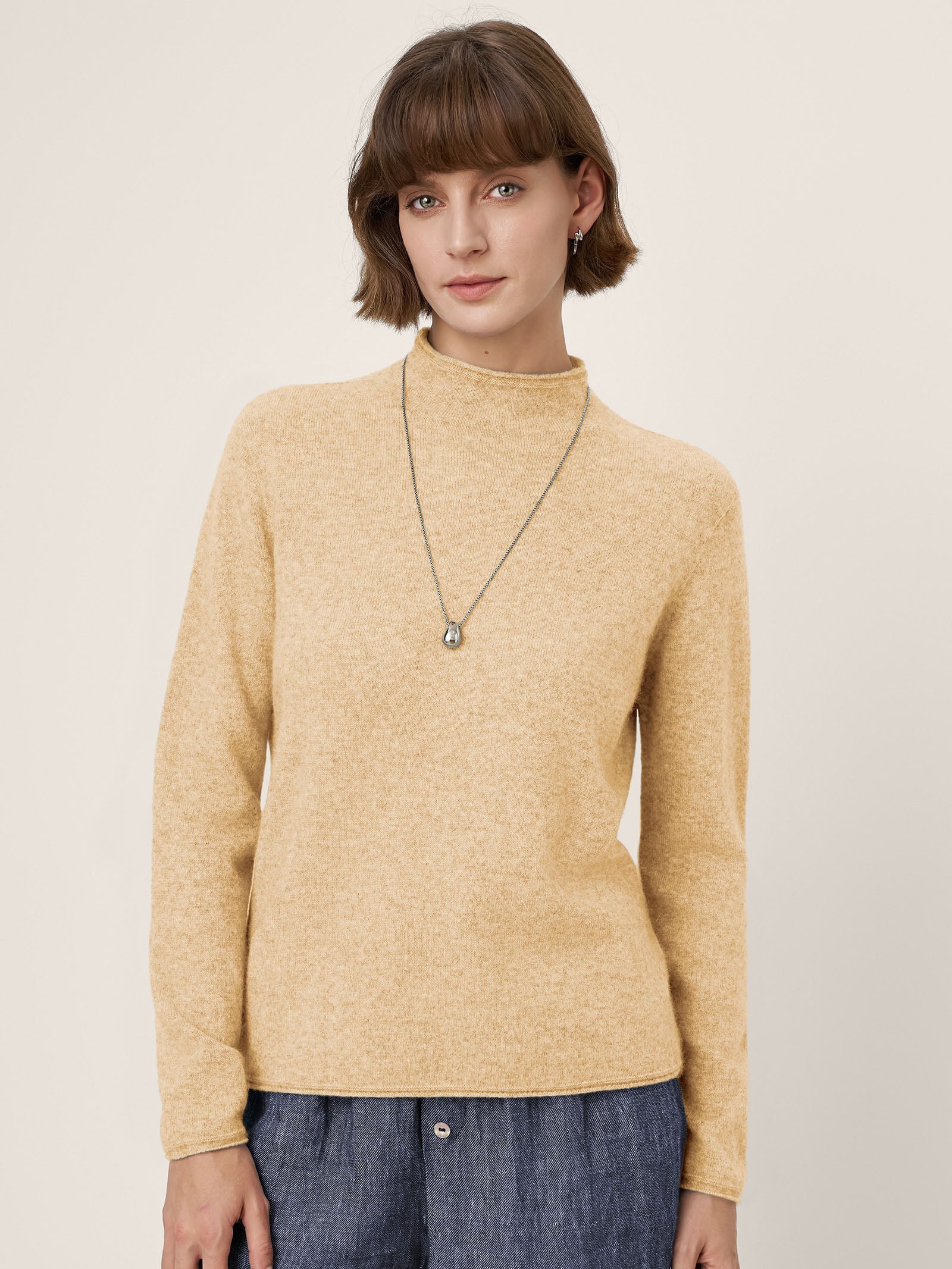 Premium Cashmere Blend Hand-Finished Seamless Mock Neck Lettuce Edge Sweater ZELIE