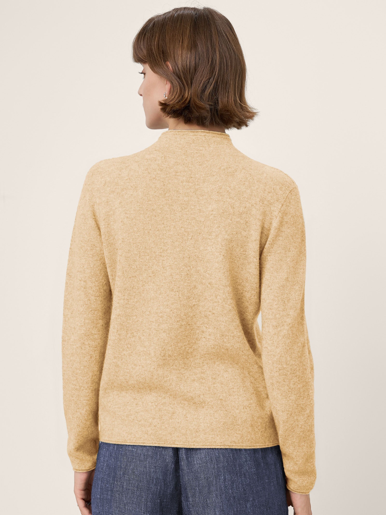 Premium Cashmere Blend Hand-Finished Seamless Mock Neck Lettuce Edge Sweater ZELIE