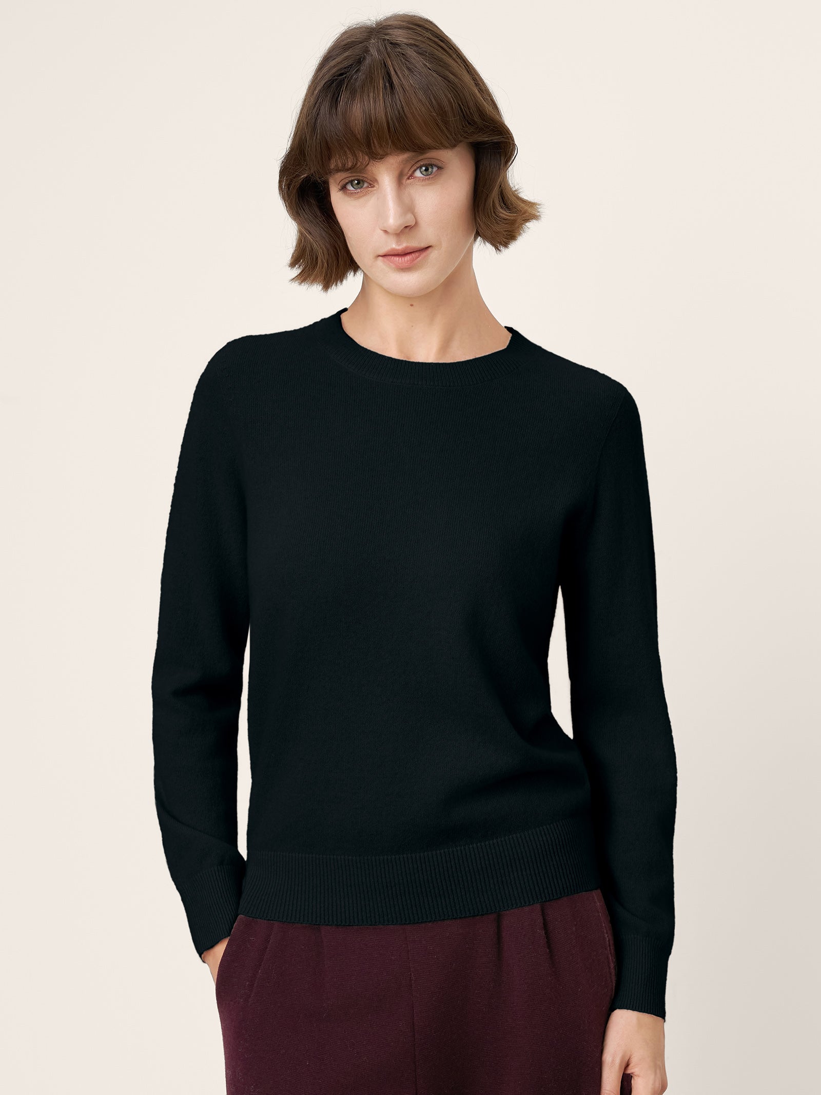 100% Mongolian Cashmere Seamless Ribbed Trims Crewneck Sweater TAWNY