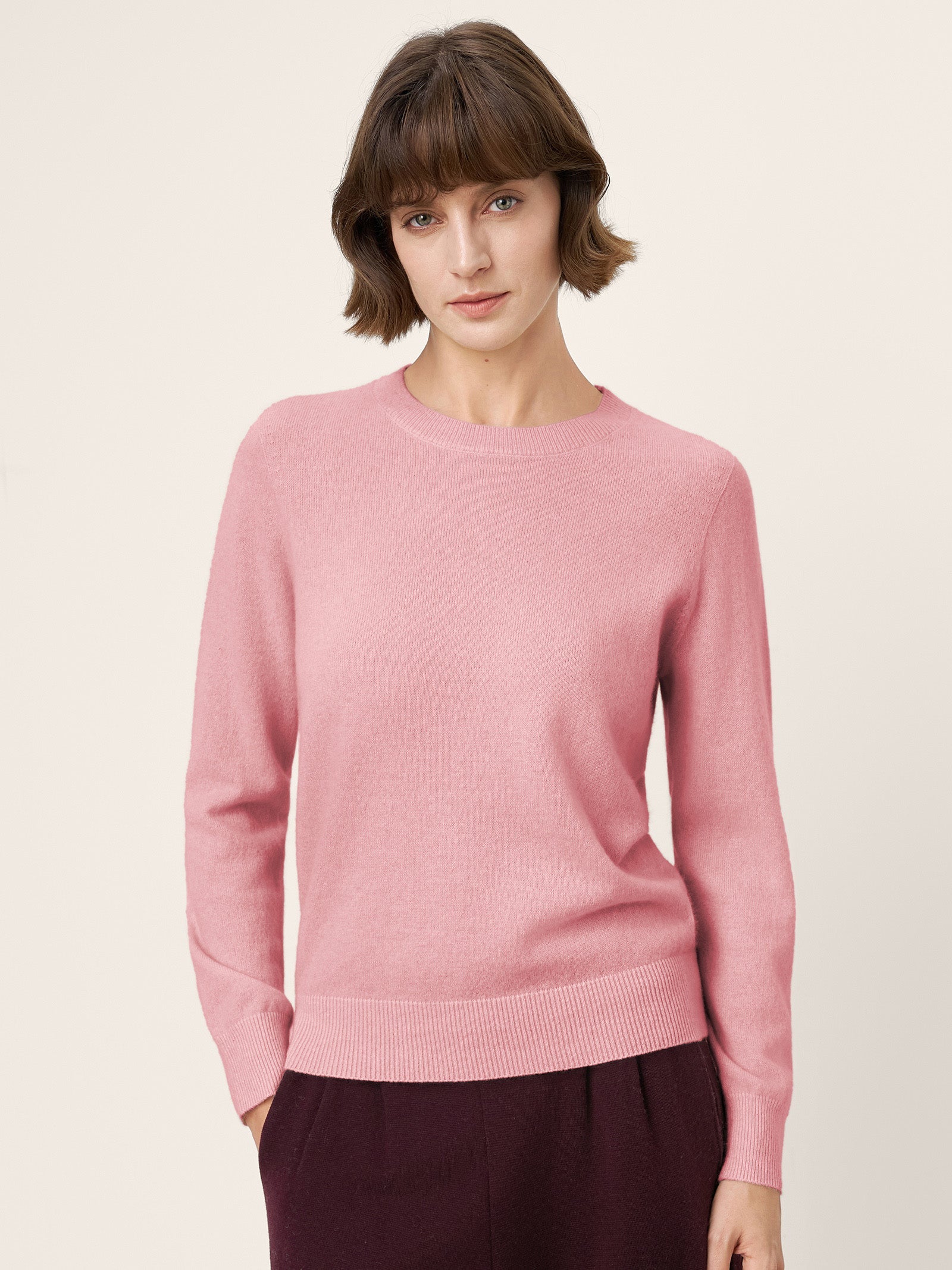 100% Mongolian Cashmere Seamless Ribbed Trims Crewneck Sweater TAWNY