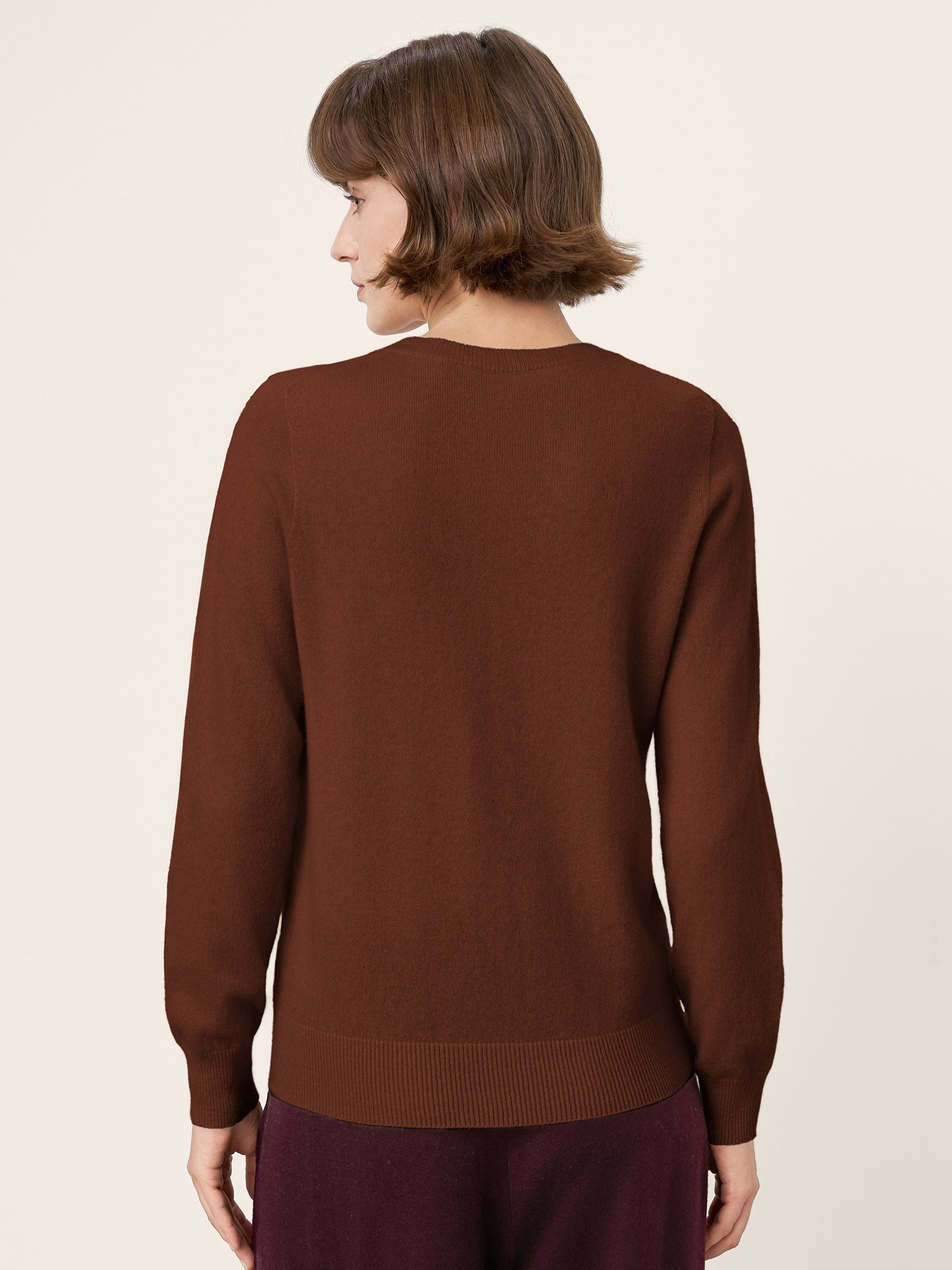 100% Mongolian Cashmere Seamless Ribbed Trims Crewneck Sweater TAWNY
