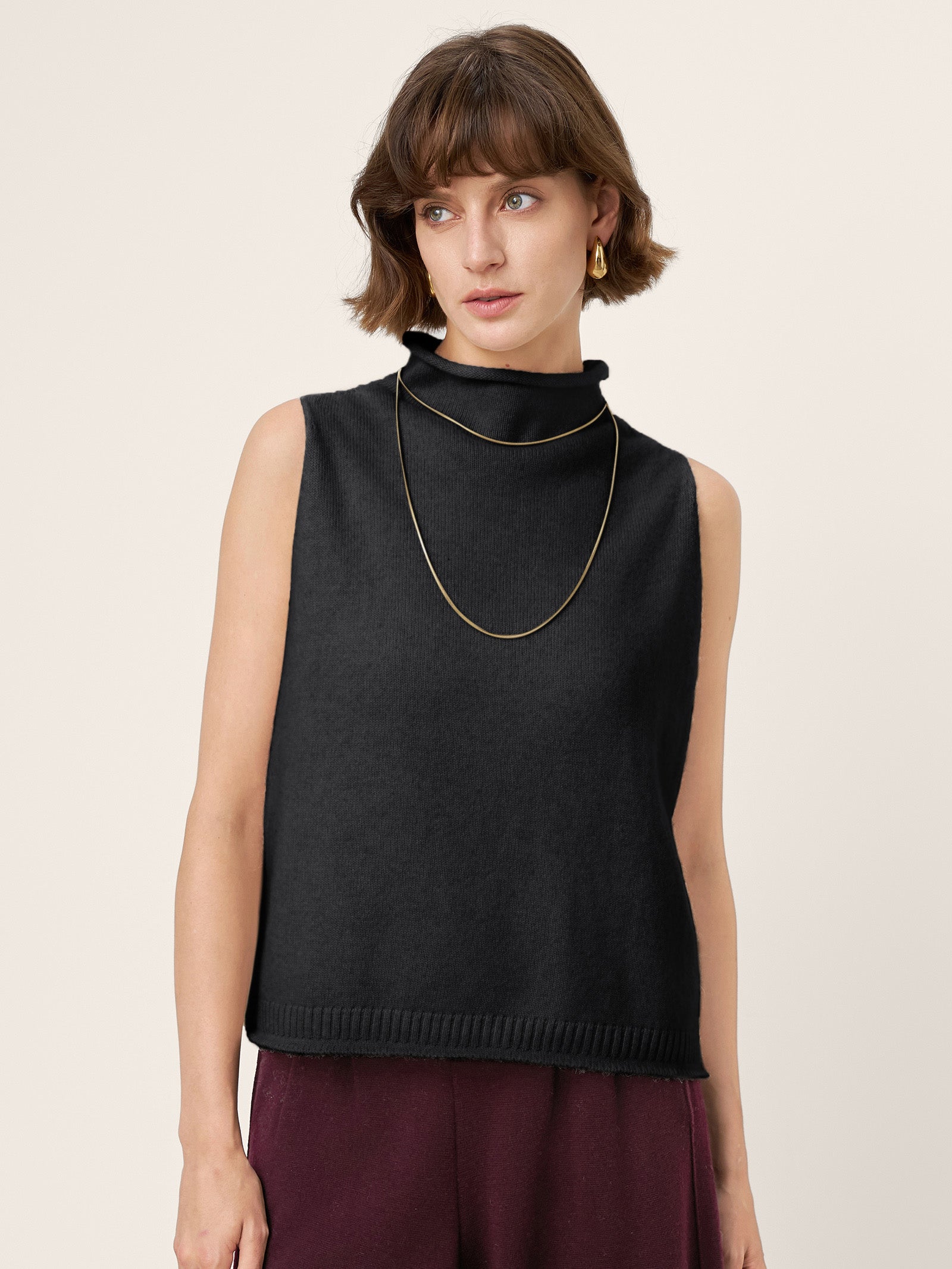 100% Mongolian Cashmere Hand-Finished Rolled Edge Sleeveless Turtleneck Knit Top DAISY