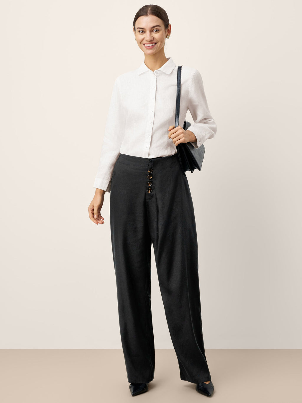 Linen-Lyocell Asymmetric Placket Straight Pants SAFFRON