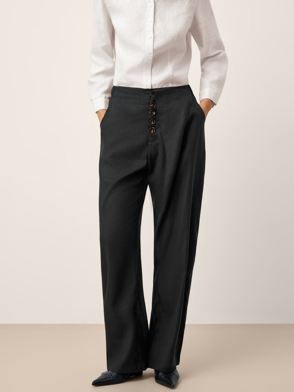 Linen-Lyocell Asymmetric Placket Straight Pants SAFFRON