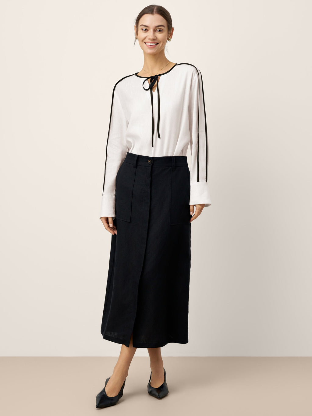 Linen-Lyocell Contrast Trim Tie-Neck Overtop VERA