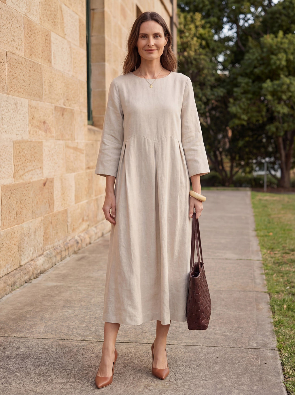 100% Linen Bateau Neck Pleated Maxi Dress
