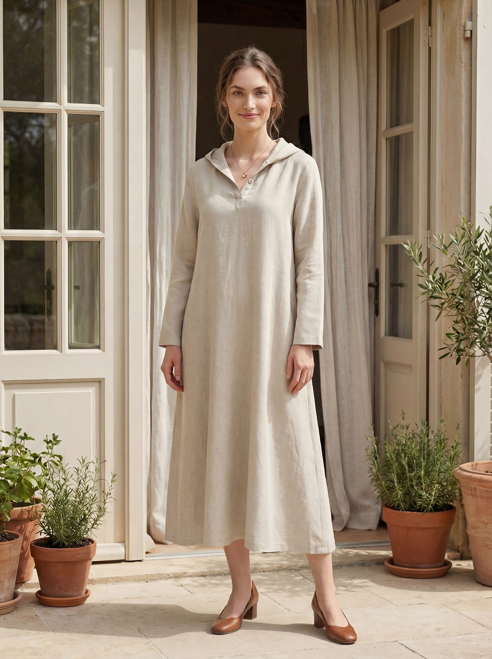 100% Linen Hooded Pullover Maxi Dress REBECCA