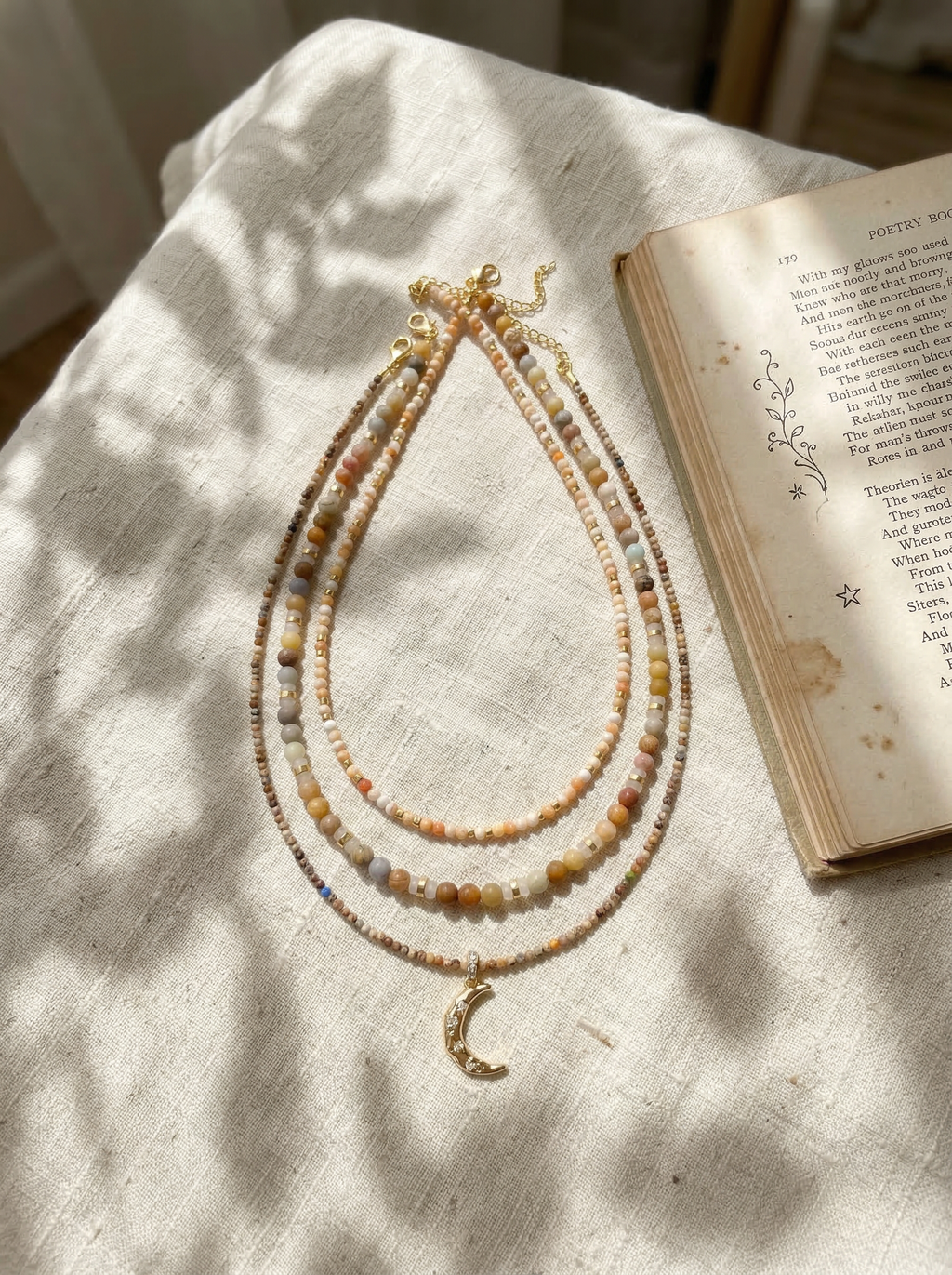 Natural Stone Beaded Necklace with Moon Pendant