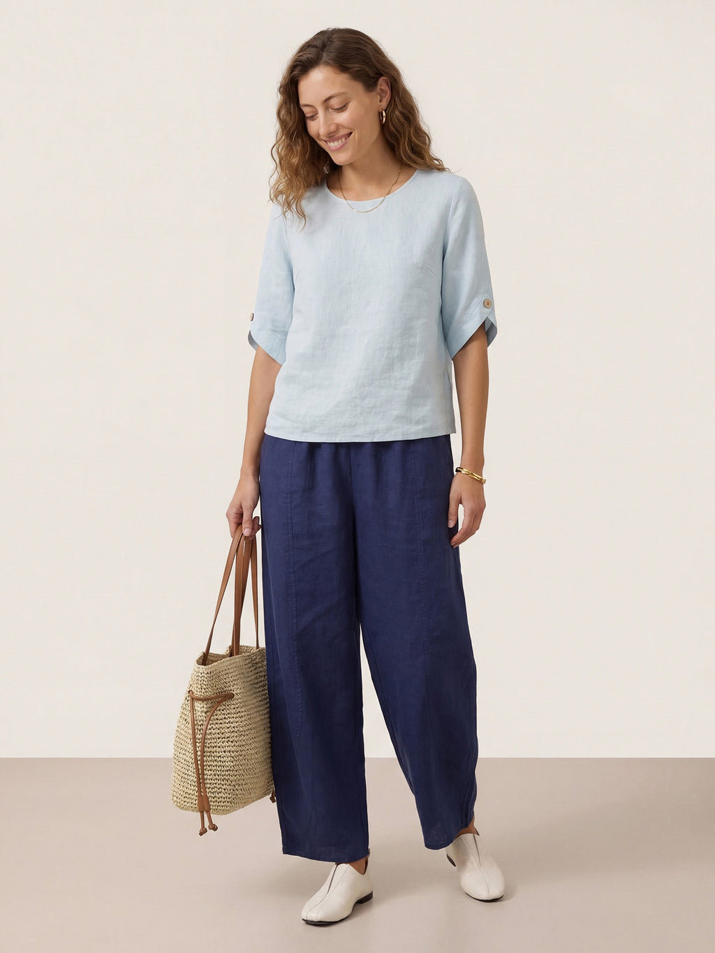 100% Linen Elbow Sleeve Pullover Top NOLA