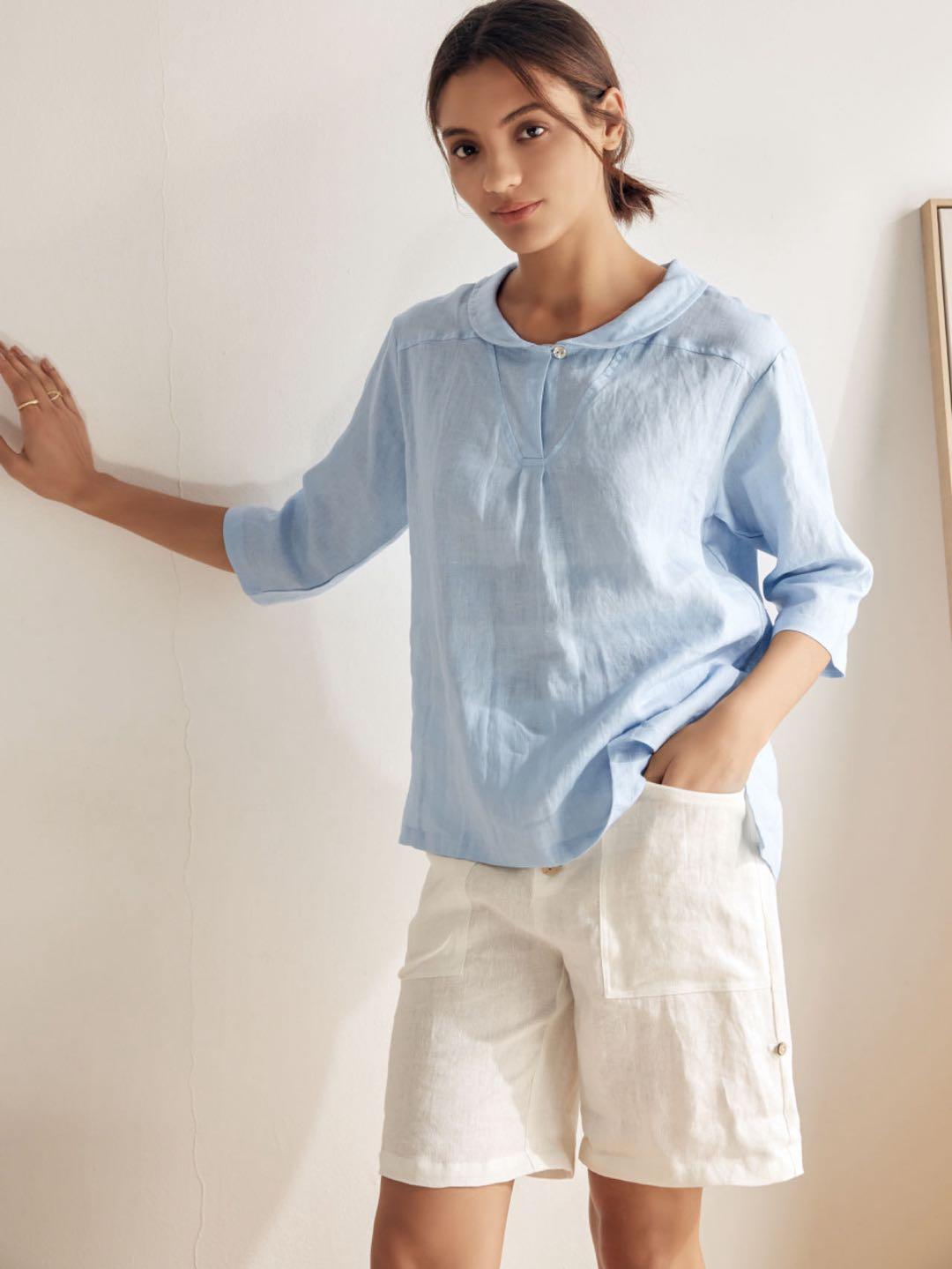 100% Linen Shawl V-Neck Half Sleeve Top JADE