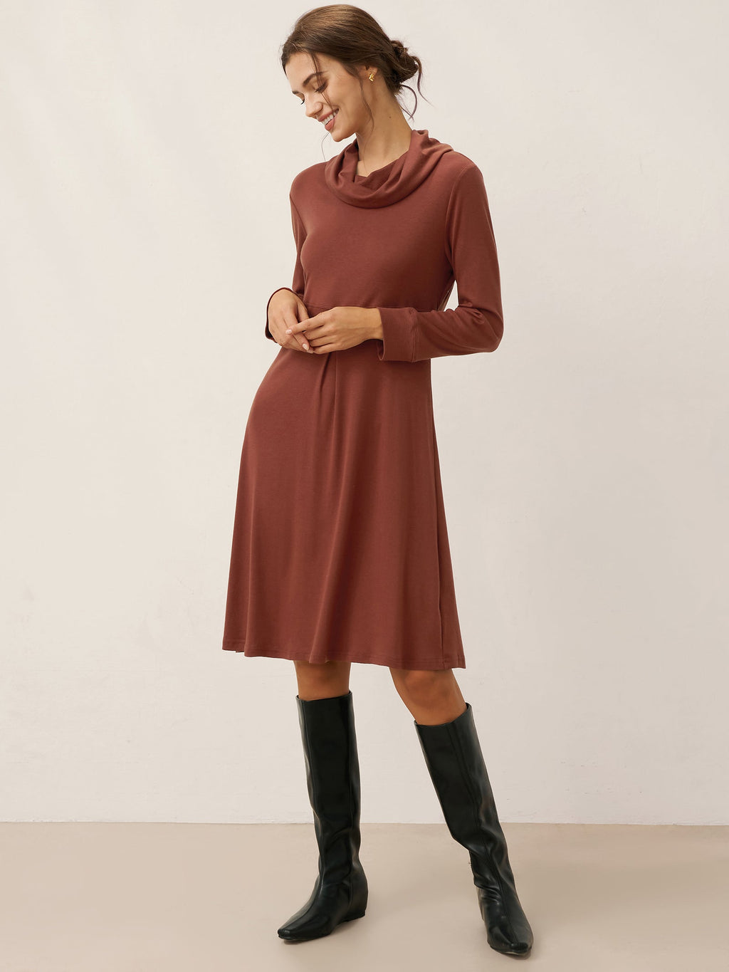 Lyocell Wool Draped Neck Stretch Midi Dress KIRA