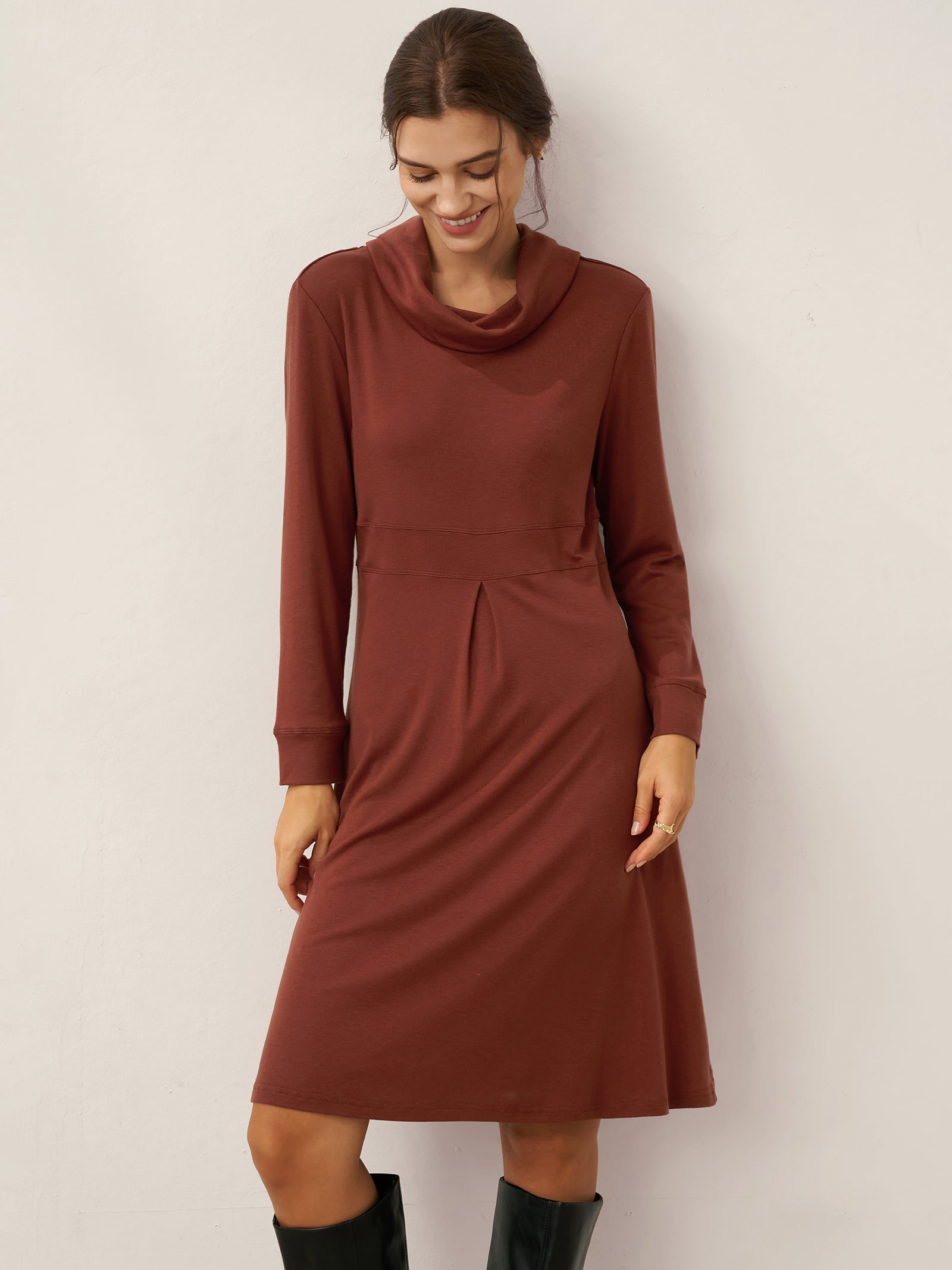 Lyocell Wool Draped Neck Stretch Midi Dress KIRA