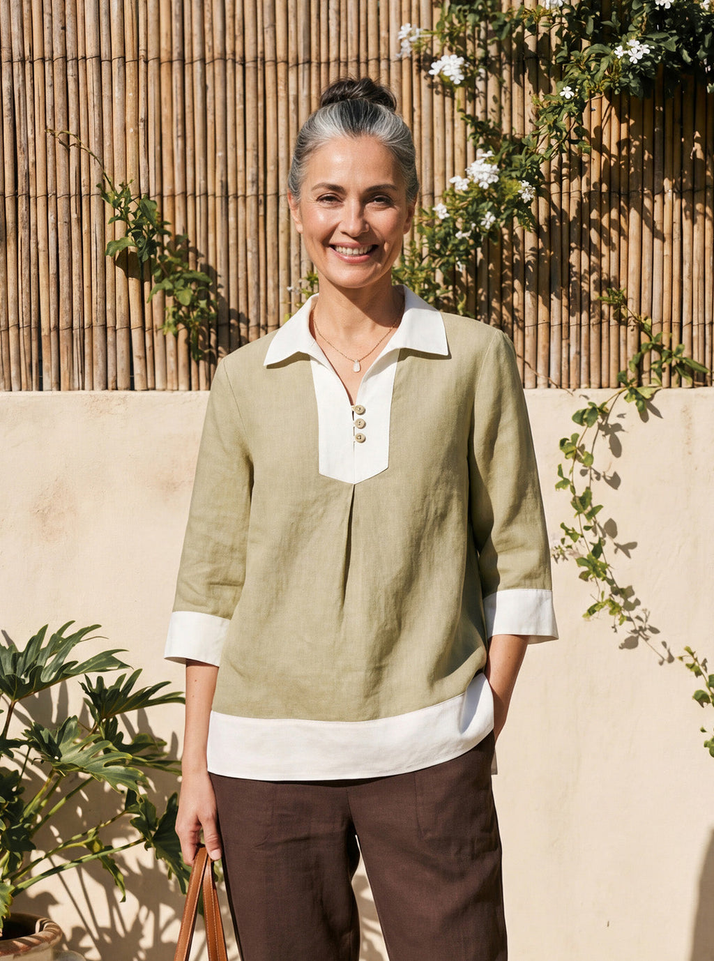 100% Linen Contrast Panel Lapel Sculpted Pleated Pullover Top VICTORIA
